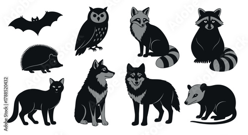 Collection of black animal silhouettes including a bat, owl, fox, raccoon, hedgehog, cat, wolves, and opossum in various poses.