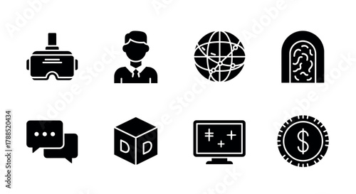 Black silhouette icons featuring virtual reality headset, male avatar, globe with lines, archway, chat bubbles, cube with letters, computer monitor, and coin with dollar symbol.