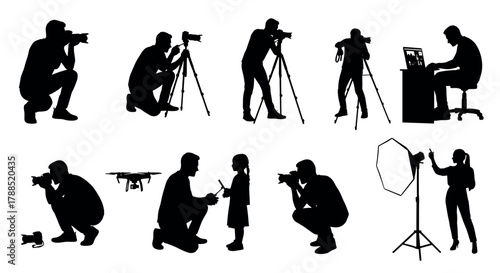 Various silhouettes depict photographers at work, capturing images with cameras and drones, setting up lighting, and interacting with models and equipment.