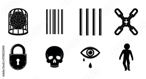 Eight black silhouette icons symbolizing imprisonment, surveillance, and personal restriction, featuring a caged brain, barcode, chains, padlock, skull, eye with teardrop, and a human figure.