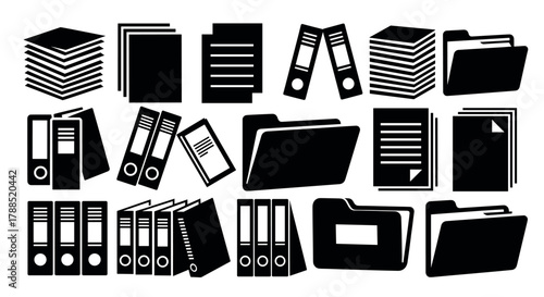 Black silhouette icons of various office supplies including binders, folders, stacks of paper, and filing cabinets arranged in an organized manner.