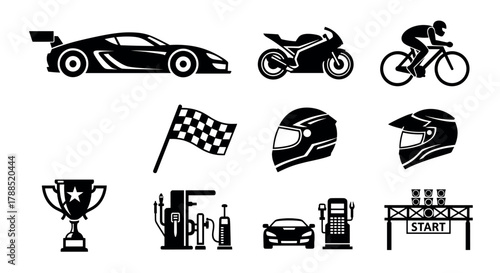 Set of black silhouette icons depicting a sports car, motorcycle, cyclist, checkered flag, helmets, trophy, gas pumps, and a start line.
