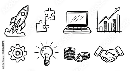 Hand-drawn doodles of a rocket launching, puzzle pieces, laptop, growth chart, gear, light bulb, stacked coins, and a handshake symbolizing innovation and business success.