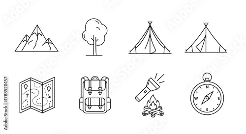 A set of black outline icons depicting a mountain, tree, two types of tents, a map, a backpack, a flashlight, a campfire, and a compass.
