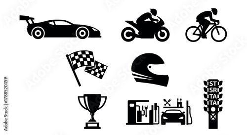 Black silhouette icons depicting racing car, motorcycle, cyclist, checkered flag, helmet, trophy, pit stop, and starting lights, representing motorsport elements.