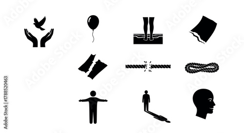 A collection of black silhouette icons depicting various symbolic themes such as freedom, vulnerability, isolation, and connection through hands, a balloon, and a rope.