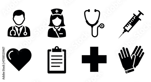 Black silhouette icons representing medical professionals, equipment, and symbols, including a doctor, nurse, stethoscope, syringe, heart, clipboard, cross, and gloves.