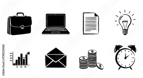 Black silhouette icons of a briefcase, laptop, document, light bulb, graph, envelope, coins, and alarm clock representing business and productivity concepts.