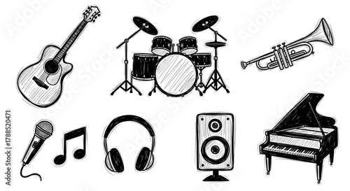 Hand-drawn sketch of musical instruments including a guitar, drum set, trumpet, microphone, speaker, piano, headphones, and music note.