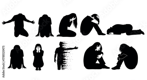 Silhouette illustrations of individuals expressing despair and distress in various poses, including kneeling, sitting, and huddled positions with head in hands.