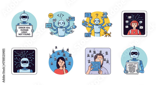 Funny AI Robot Concept Set Illustrating Human Logic Error and Artificial Intelligence Overload