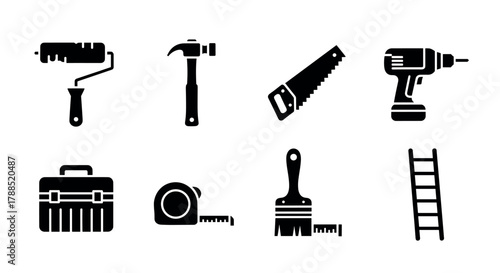 Black silhouette icons of various hand and power tools, including a paint roller, hammer, saw, drill, toolbox, measuring tape, paintbrush, and ladder.