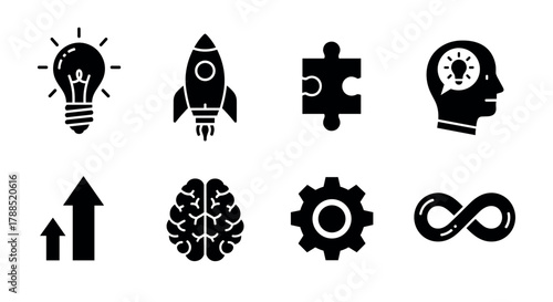 Collection of black outline icons featuring a light bulb, rocket, puzzle piece, human head with brain, growth arrow, brain, gear, and infinity symbol.
