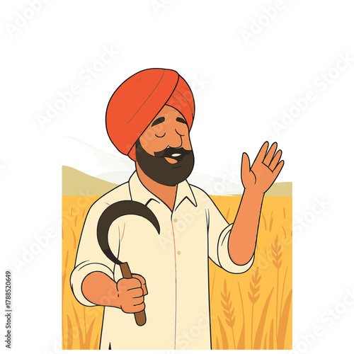An illustrated farmer stands in a golden wheat field, wearing a white shirt and red turban. He holds a sickle in one hand and gestures with the other, symbolizing traditional agriculture. 