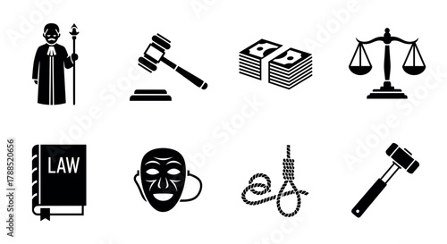 Set of justice-related icons including a judge, gavel, currency, balance scale, law book, theatrical mask, noose, and hammer symbolizing various legal concepts.