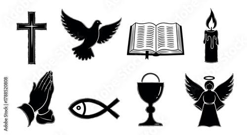 Black and white religious icons set featuring a cross, dove, open bible, candle, praying hands, fish symbol, chalice, and angel.