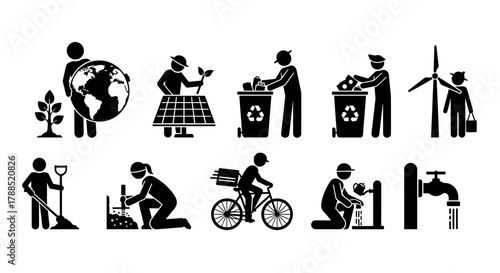 Black silhouette icons depicting various environmentally friendly and sustainable activities, including recycling, planting trees, and using renewable energy sources.