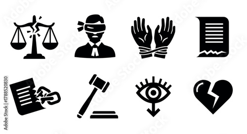 Simplified black silhouette icons depicting justice scales, blindfolded figure, bound hands, legal documents, broken document, gavel, eye, and broken heart.