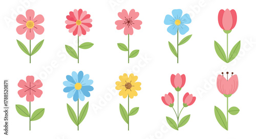 Collection of colorful stylized spring flowers with green stems and leaves on a white background