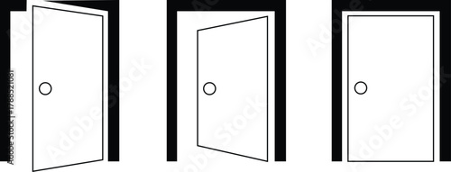 Door icons set. Open, close door. Doors collection. Opened entrance door set flat style - Vector Illustration !