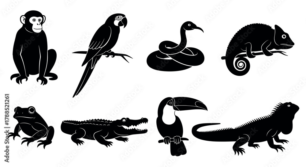 Obraz premium Black silhouette icons of various exotic animals including a monkey, parrot, snake, chameleon, frog, crocodile, toucan, and iguana in distinct poses.