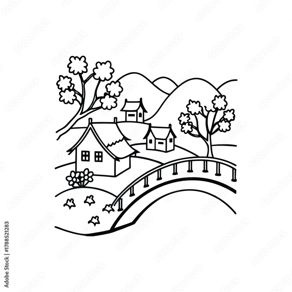 Fototapeta premium Scenic Village with Houses Trees and Bridge Black and White Outline