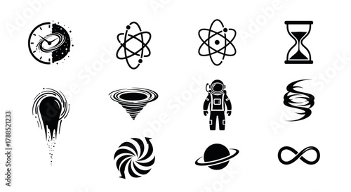 Monochrome icon set of science and space elements including atom models, hourglass, astronaut, and various cosmic symbols.