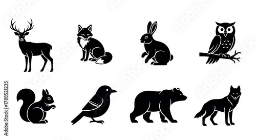 Black silhouette icons of a deer, fox, rabbit, owl, squirrel, bird, bear, and wolf, depicting various woodland animals in minimalistic style.