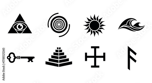 Black silhouettes of eight distinct symbols including an eye within a triangle, concentric circles, sun, wave, key, stepped pyramid, cross, and a unique geometric shape.
