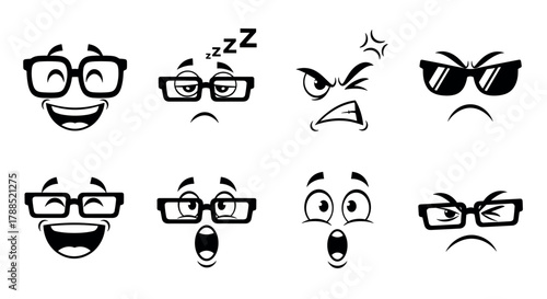 Black and white cartoon faces with various emotions and glasses, including anger, surprise, sleepiness, and happiness.