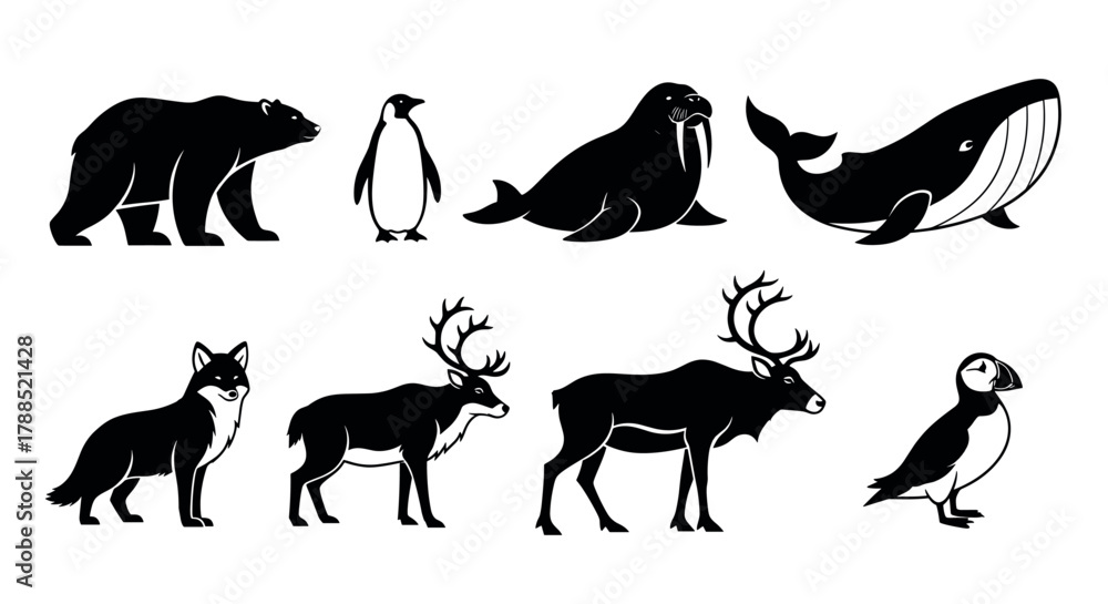 Fototapeta premium Black silhouette icons of various arctic animals, including a bear, penguin, walrus, whale, fox, caribou, and puffin.