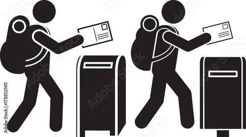 Two mail carriers delivering letters to mailboxes silhouette