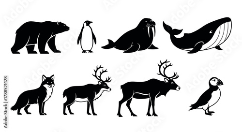 Black silhouette icons of various arctic animals, including a bear, penguin, walrus, whale, fox, caribou, and puffin.