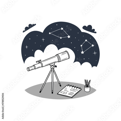 Telescope observing constellations astronomy science and exploration doodle art