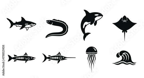 Set of black silhouette marine animal icons, featuring shark, eel, orca, ray, jellyfish, marlin, swordfish, and ocean wave, showcasing diverse sea life.