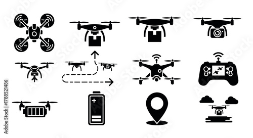 Black silhouette icons of drones and quadcopters with various designs, including a controller, battery, and location marker symbols.
