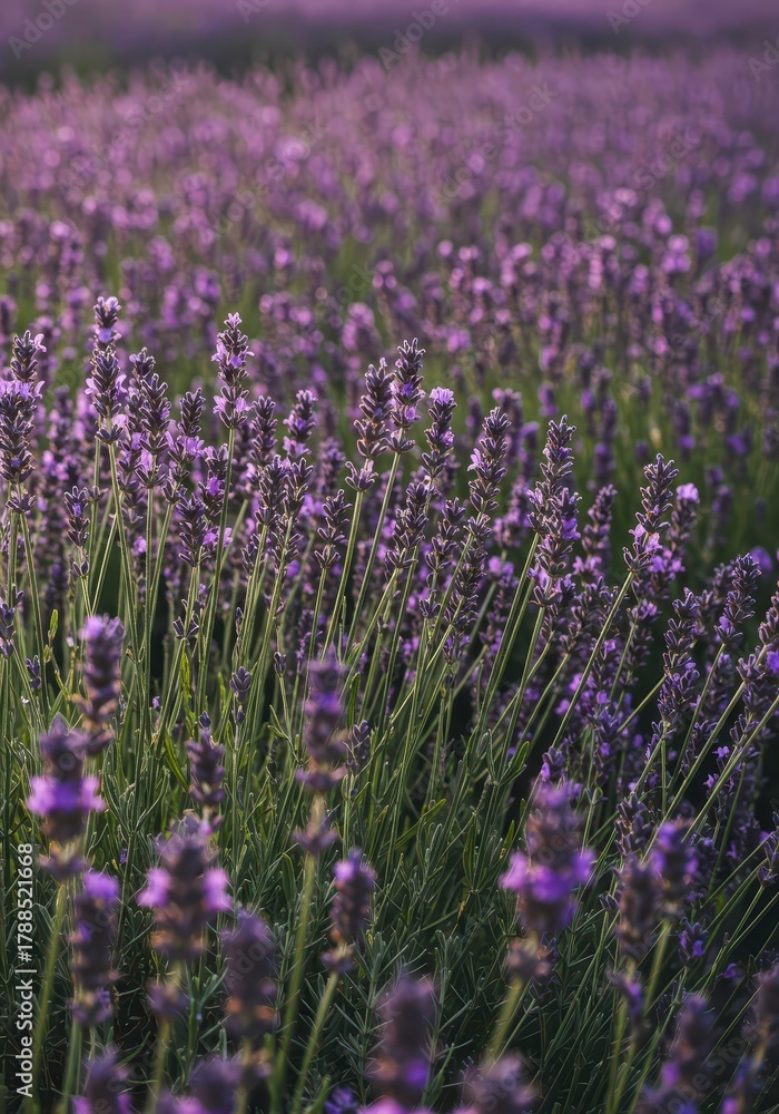 Obraz premium A beautiful, wide view of abundant purple lavender flowers blooming in the summer sunlight, showcasing the rich texture of the fragrant harvest ,bloom ,sunny ,outdoor