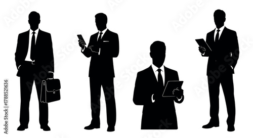 Silhouette of four young to mature caucasian males in suits holding electronic devices and a briefcase, representing business and technology concepts.