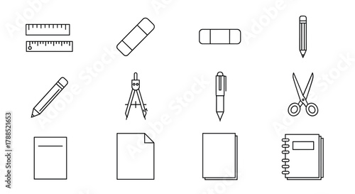 Minimalistic line icons of various stationary items including rulers, eraser, compasses, pens, pencils, scissors, and notebooks.