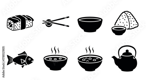 Black silhouette icons depicting a sushi roll, pair of chopsticks, bowl with soy sauce, rice ball, fish, steaming bowls of soup, and a teapot, symbolizing japanese cuisine.