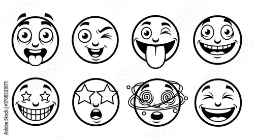 Eight playful black and white emoji faces with various expressions, including winking, tongue out, and starry eyes, arranged in two rows.