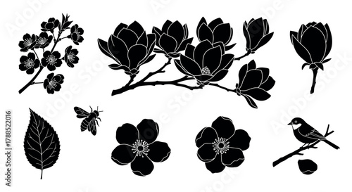 Black silhouette vector icons of various flowers, leaves, a bee, and a bird on branches, capturing the essence of nature and wildlife.
