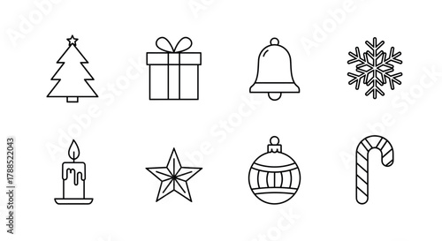 Simple black outline icons depicting a christmas tree, gift box, bell, snowflake, candle, star, ornament, and candy cane.