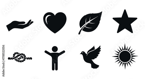 Collection of black silhouette icons featuring a hand, heart, leaf, star, knot, person with raised arms, flying dove, and a sunburst design.