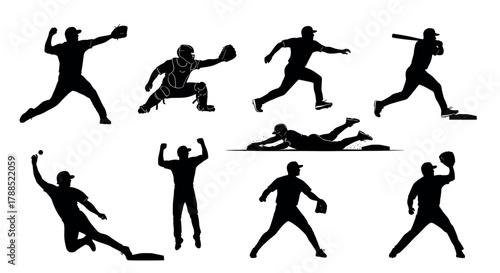 Silhouettes of male baseball players in various action poses, including pitching, catching, batting, and sliding, showcasing dynamic movement and athleticism.