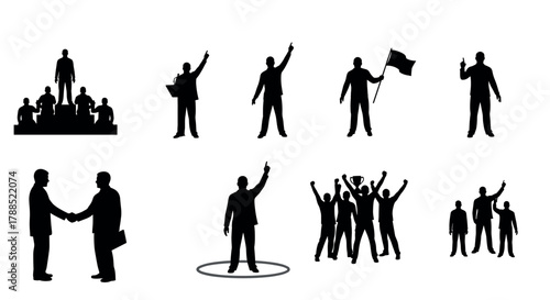 Black silhouette icons of various male figures in different poses, including gesturing, holding a flag, shaking hands, and celebrating as a group.