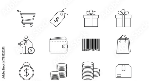 Black outline icons of shopping cart, price tag, gift box, wallet, barcode, shopping bag, dollar sign, coins, and package, representing various shopping and financial concepts.