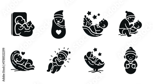 Collection of black outline vector icons showing various activities and poses of infants, including sleeping, swaddling, and playing with stars.