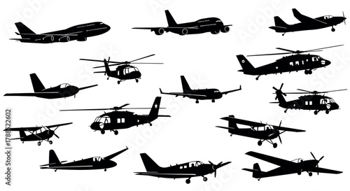 Silhouettes of various airplanes and helicopters in diverse designs and sizes displayed in a cohesive arrangement.