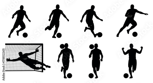 Silhouettes of male soccer players in various poses, including dribbling, shooting, and celebrating, with one performing a goalkeeping save.
